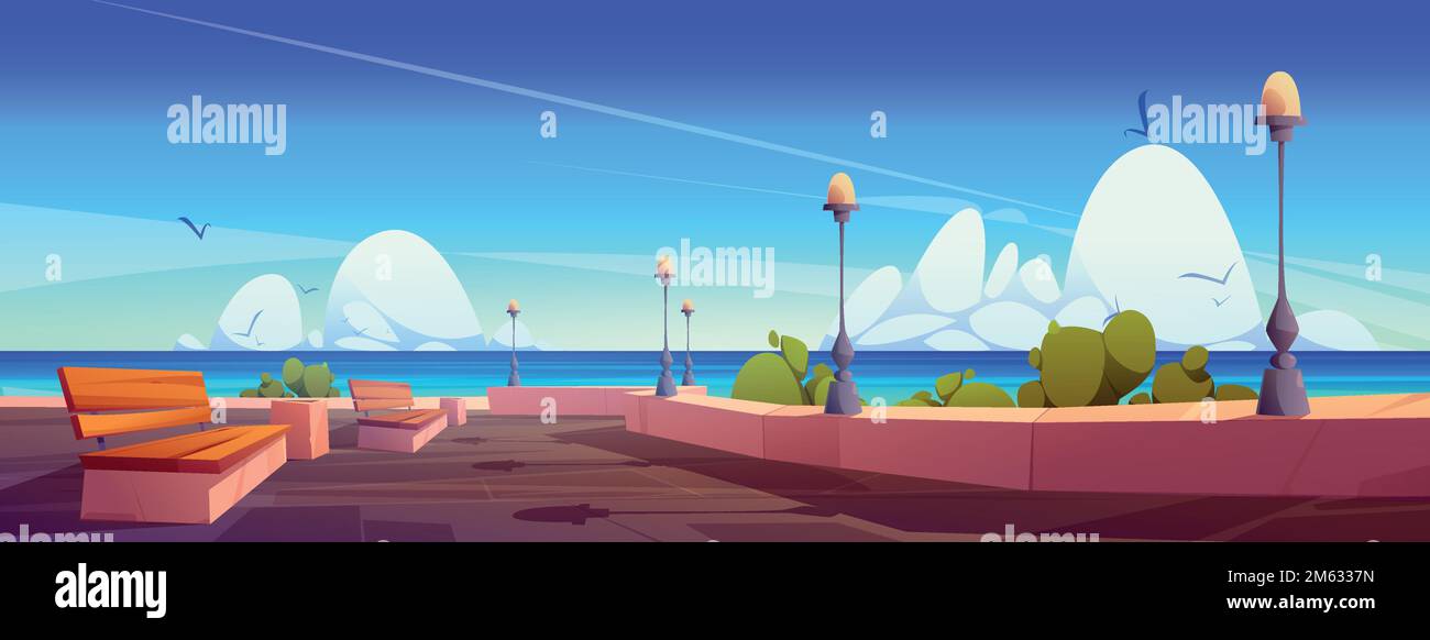 City embankment in summer season. Cartoon vector illustration of seaside promenade with benches, lamps, green plants, birds flying in bright blue sky with fluffy white clouds. Game background design Stock Vector