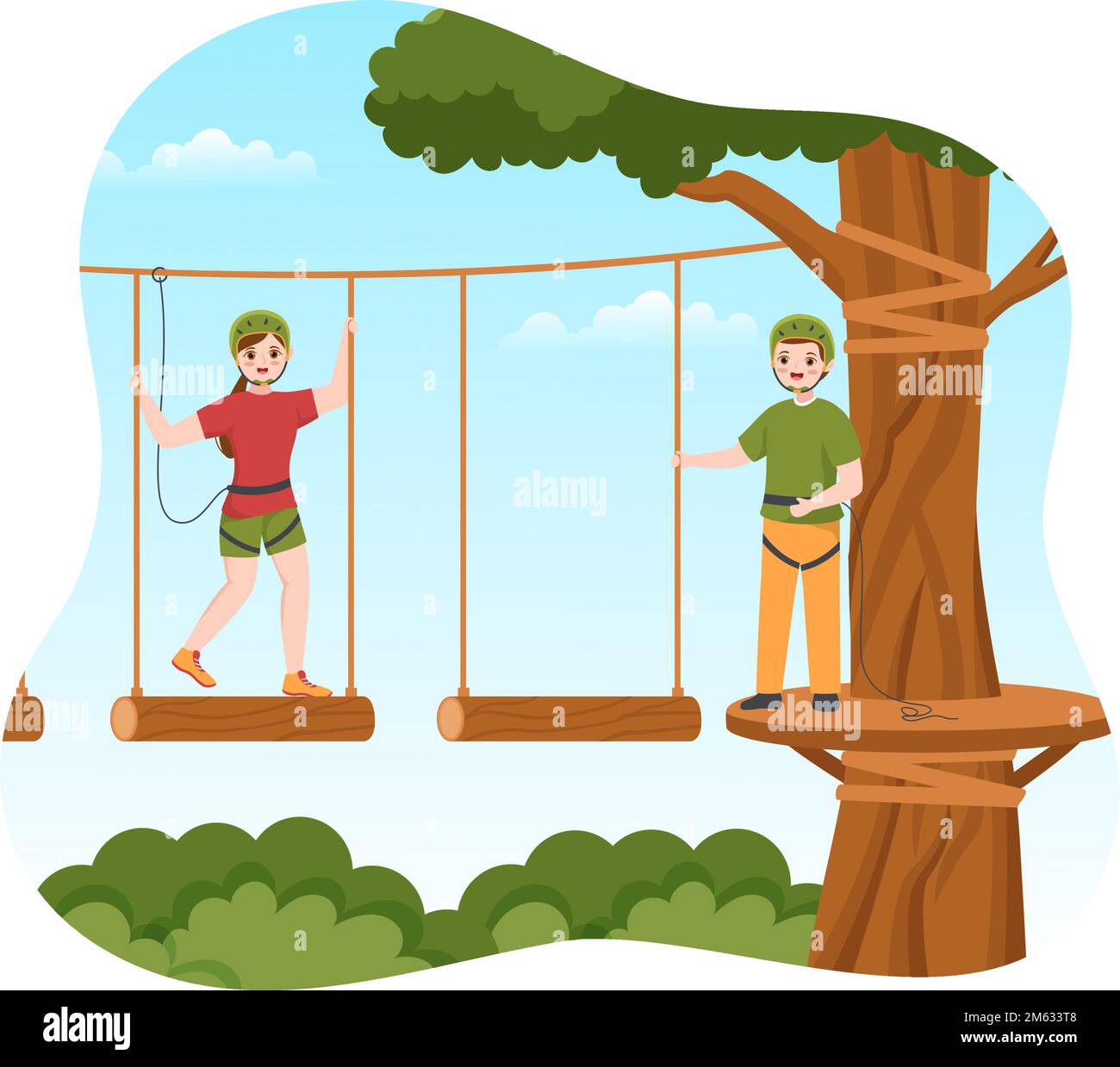 Zip Line Illustration with Visitors Walking on an Obstacle Course and