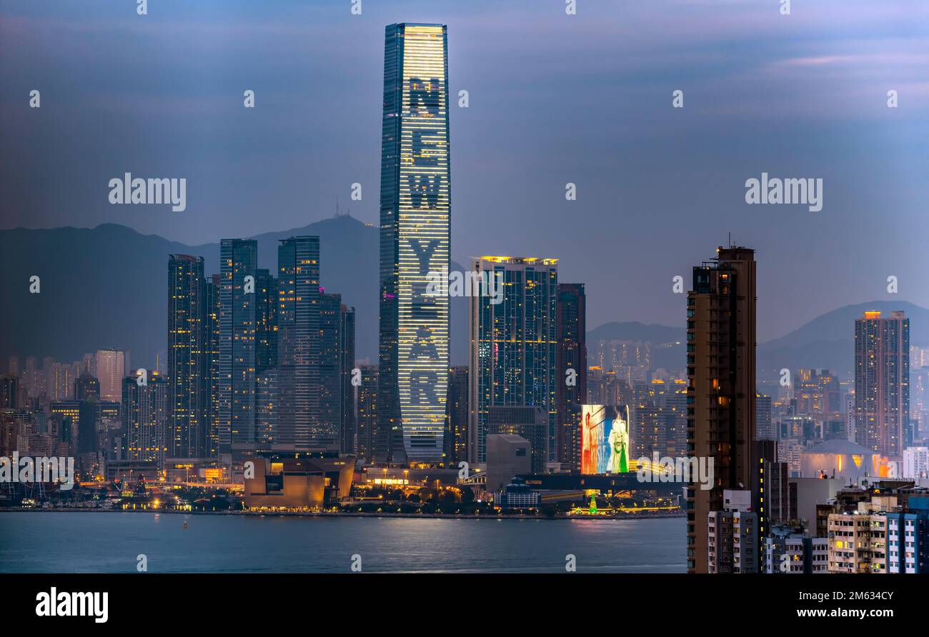 Hong Kong tallest building the International Commerce Center ICC, lights up for new Year 2023, Hong Kong, China. Stock Photo
