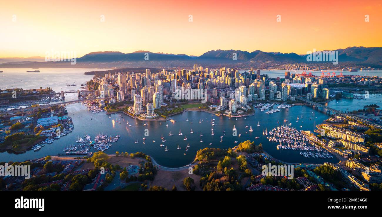 Beautiful aerial view of downtown Vancouver skyline, British Columbia, Canada at sunset Stock Photo