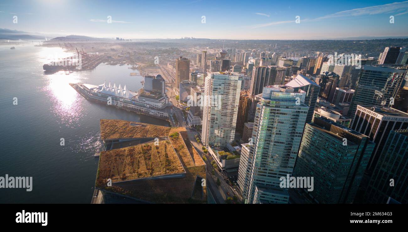 Aerial view downtown Vancouver Harbour skyline, British Columbia, Canada at sunrise Stock Photo
