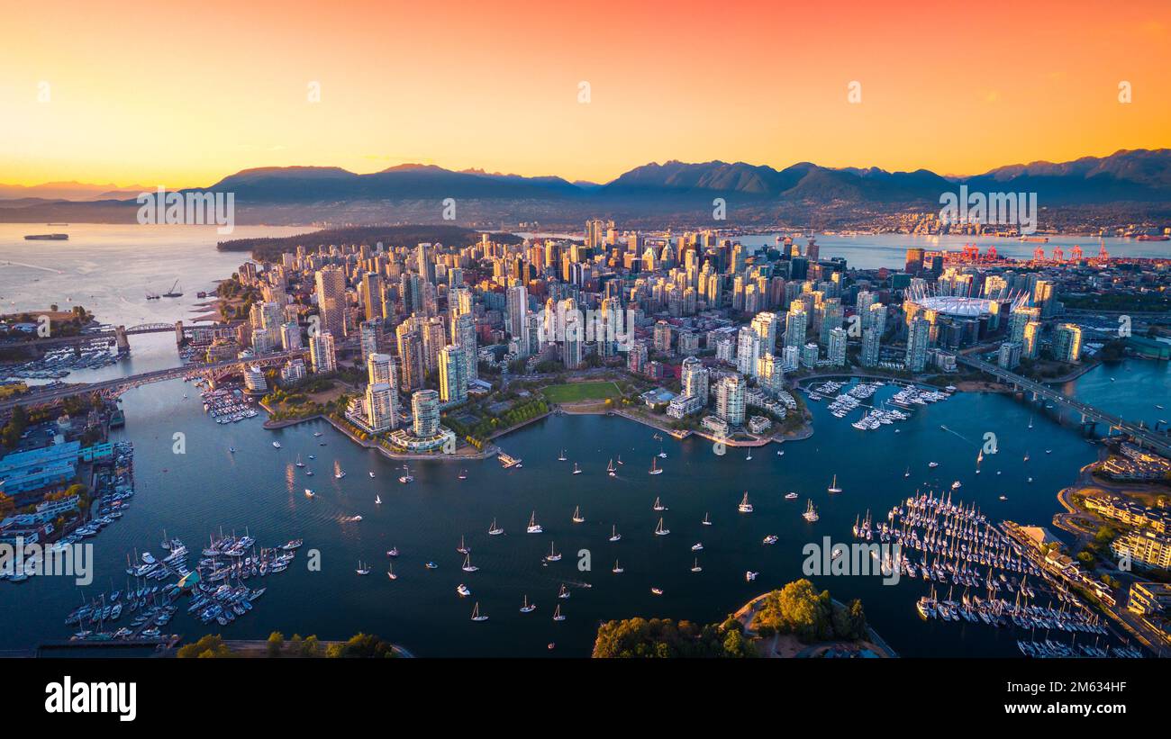 Beautiful aerial view of downtown Vancouver skyline, British Columbia, Canada at sunset Stock Photo