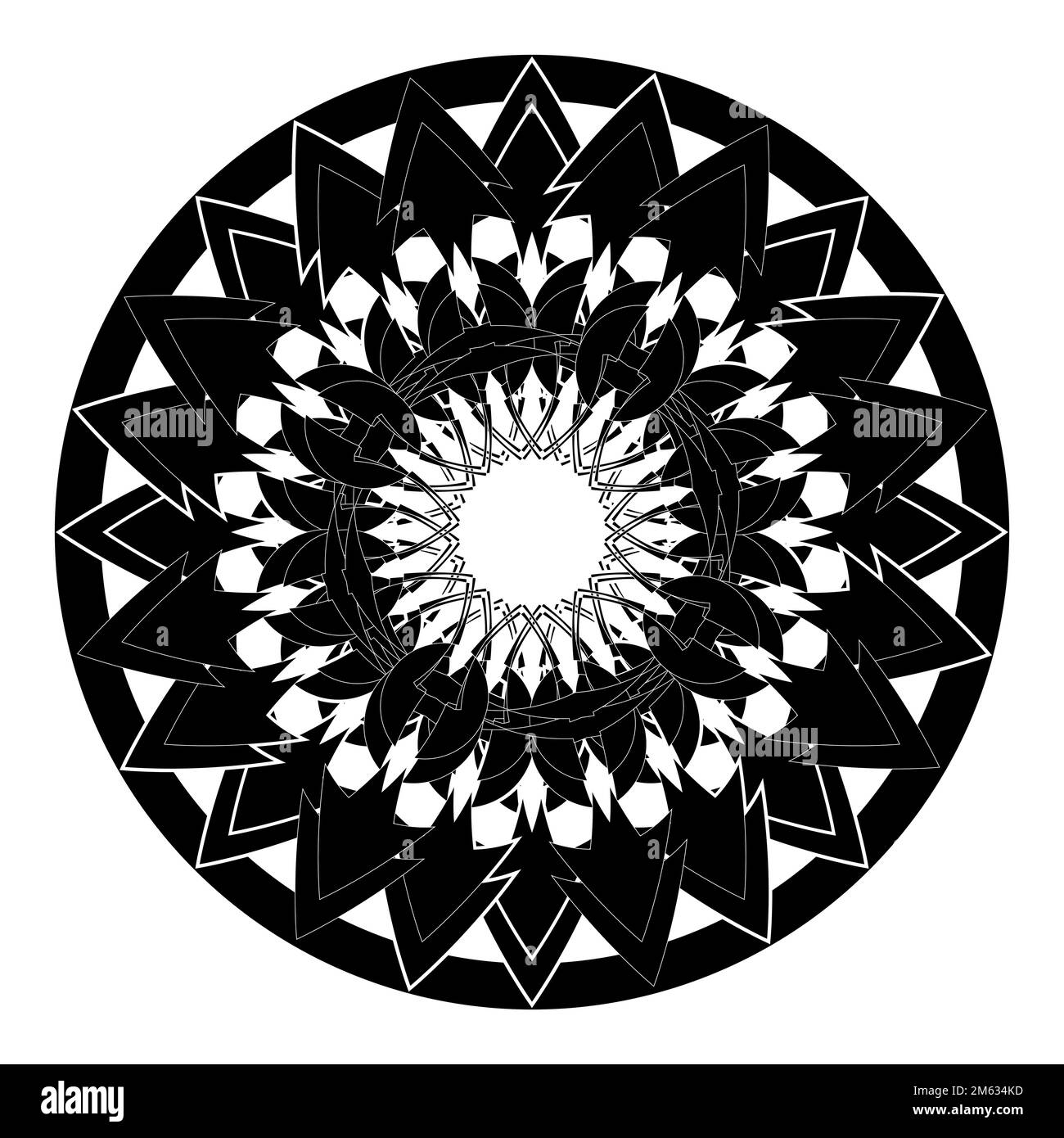 Mandala Radiating Pattern An intricate black and white mandala features complex geometric star ...