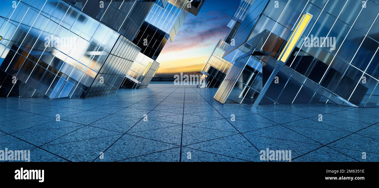 Triangle shape marble ground with thirty degree angle tilted contemporary building and lamp pole. 3d rendering Stock Photo