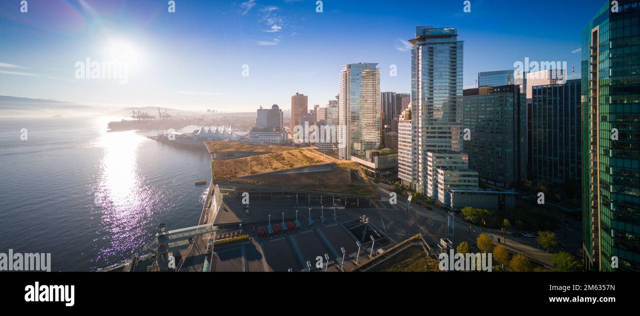 Aerial view downtown Vancouver Harbour skyline, British Columbia, Canada at sunrise Stock Photo