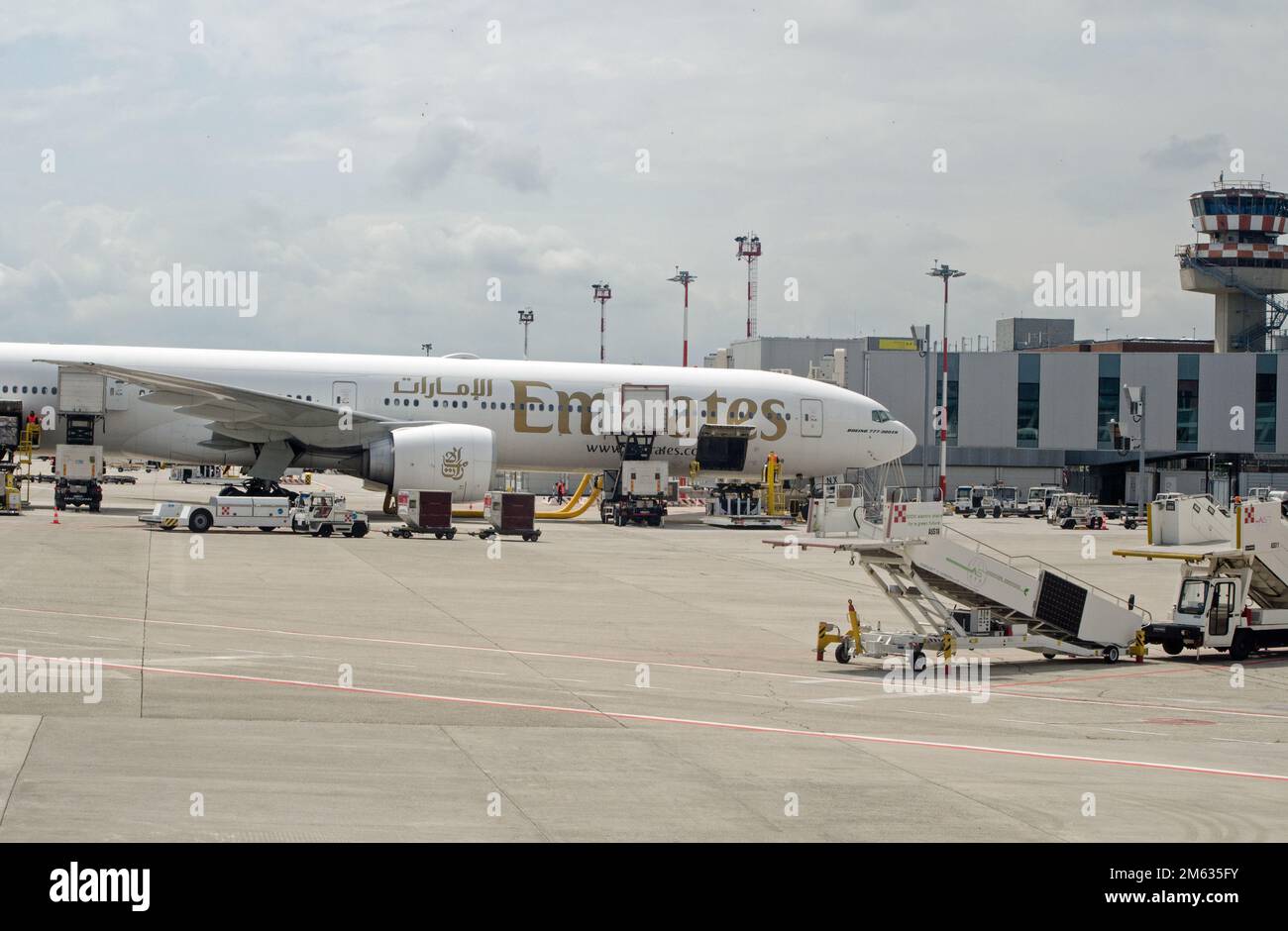Venice, Italy - April 19, 2022: A Boeing 777 - 300 operated by Emirates at Marco Polo Airport in Venice on a sunny Spring morning. Stock Photo