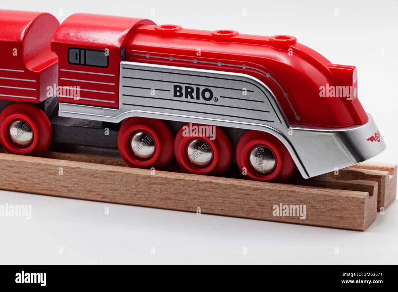 Umea, Norrland Sweden January 19, 2022 red wooden toy train from