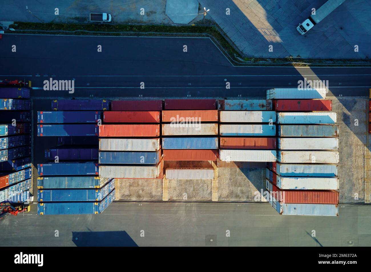 Shipping containers in terminal, Unloading containers in warehouse on ...