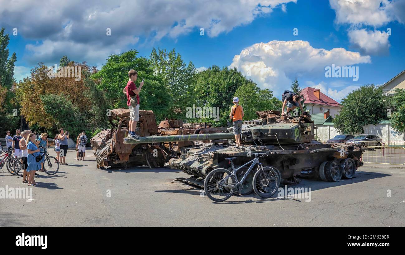 Odessa, Ukraine. Exhibition of burnt Russian military equipment during