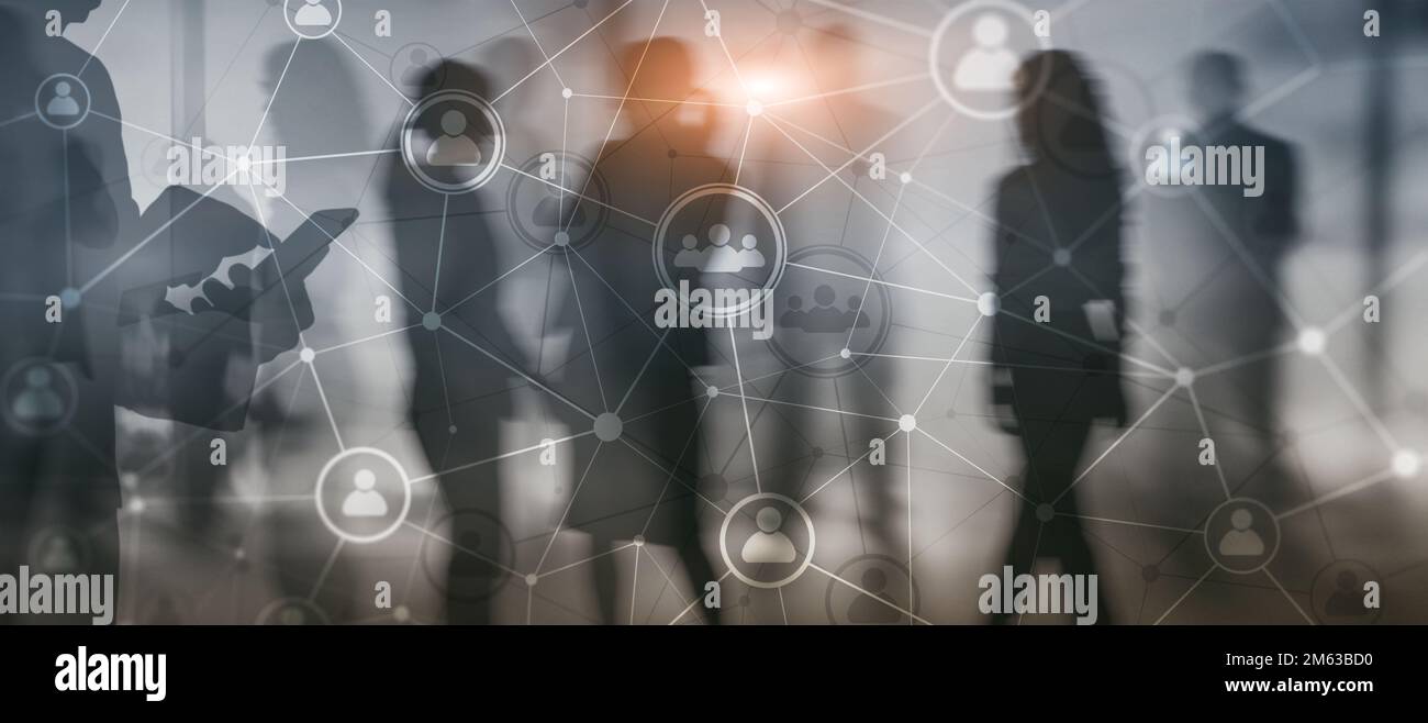 Social media. People relation and organization structure. Business and communication technology concept. Background with silhouettes Stock Photo