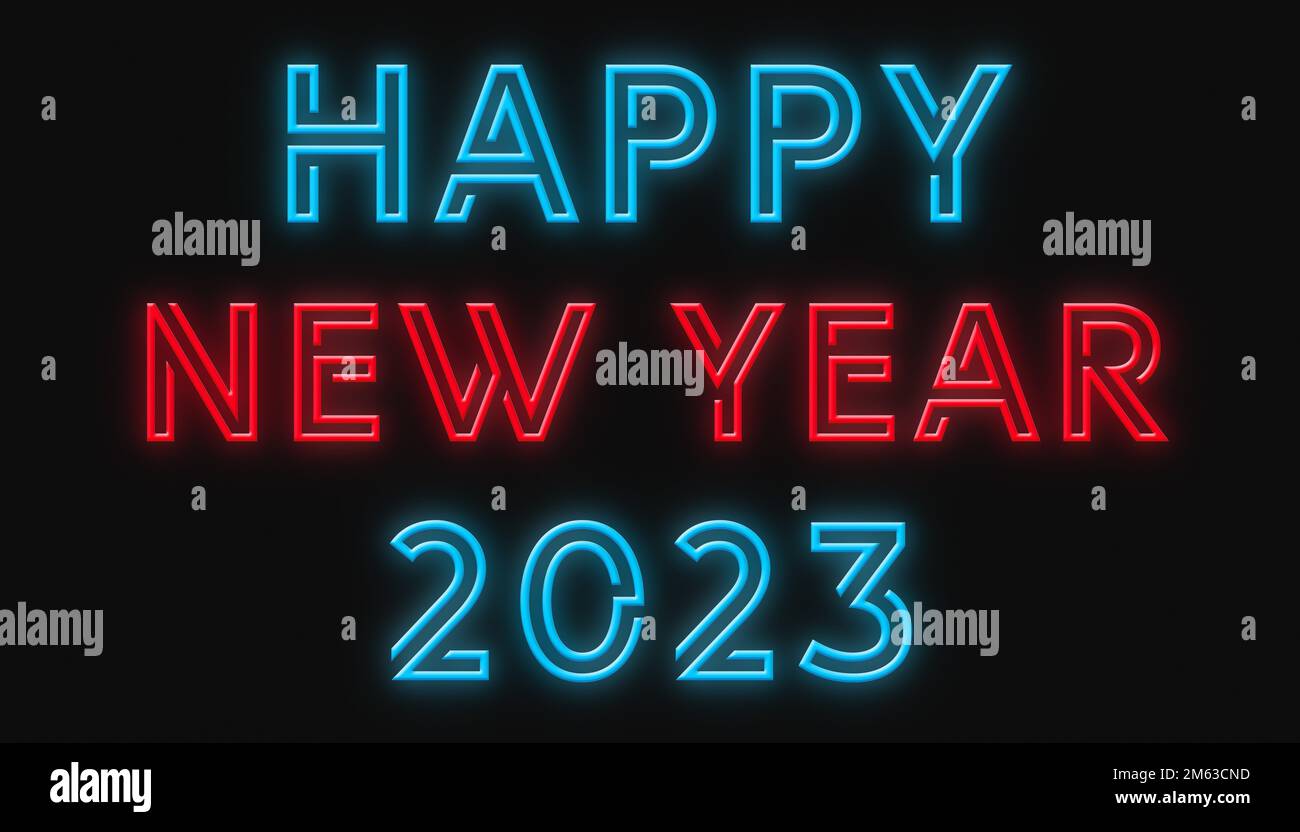 Happy New Year 2023 neon sign illustration. Stock Photo