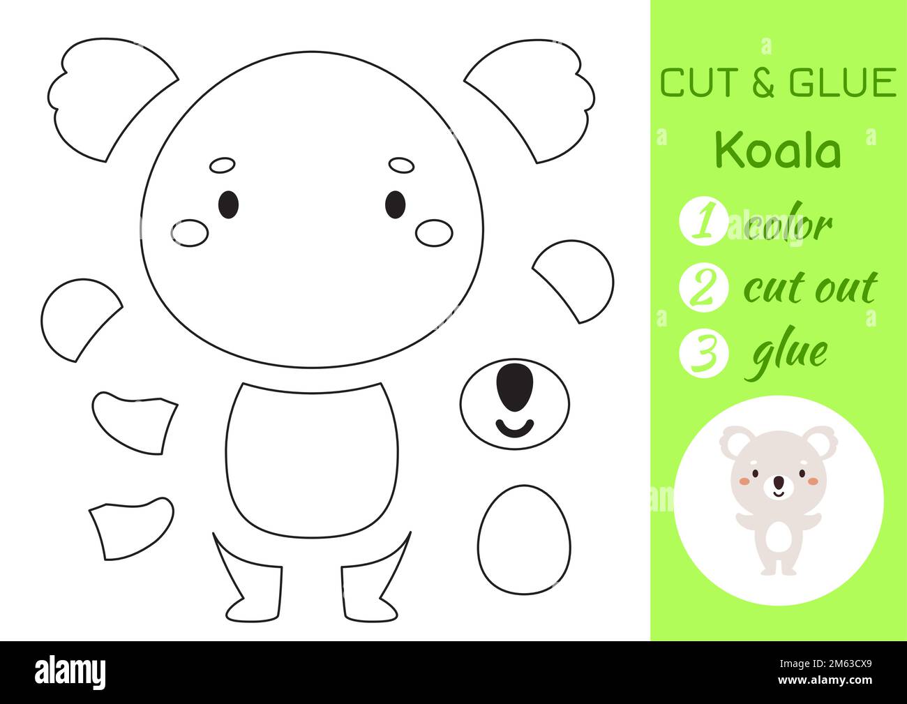 Color, cut and glue paper little koala. Cut and paste crafts activity