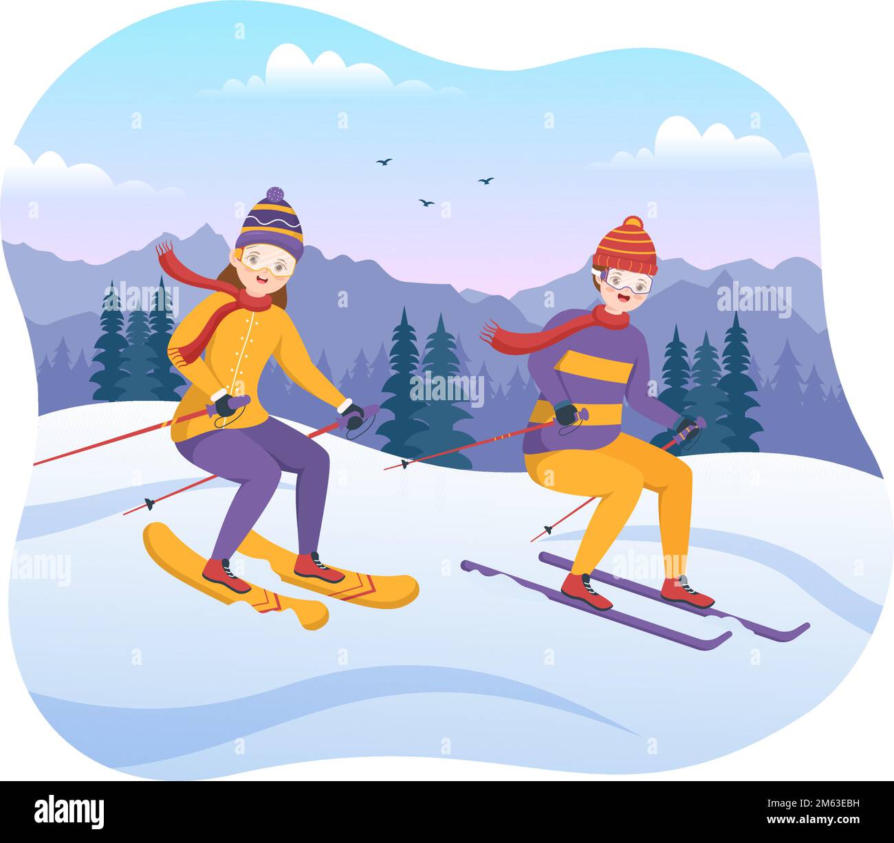 Ski Illustration with Skiers Sliding Near Mountain Going Downhill in