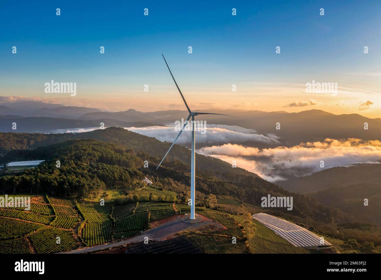 PANORAMIC VIEW OF WIND FARM OR WIND PARK, WITH HIGH WIND TURBINES FOR GENERATION ELECTRICITY WITH COPY SPACE. GREEN ENERGY CONCEPT, CAU DAT, DA LAT, V Stock Photo
