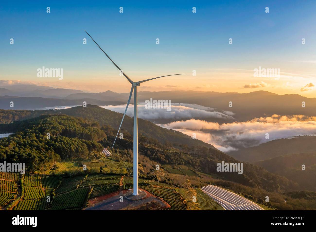 PANORAMIC VIEW OF WIND FARM OR WIND PARK, WITH HIGH WIND TURBINES FOR GENERATION ELECTRICITY WITH COPY SPACE. GREEN ENERGY CONCEPT, CAU DAT, DA LAT, V Stock Photo