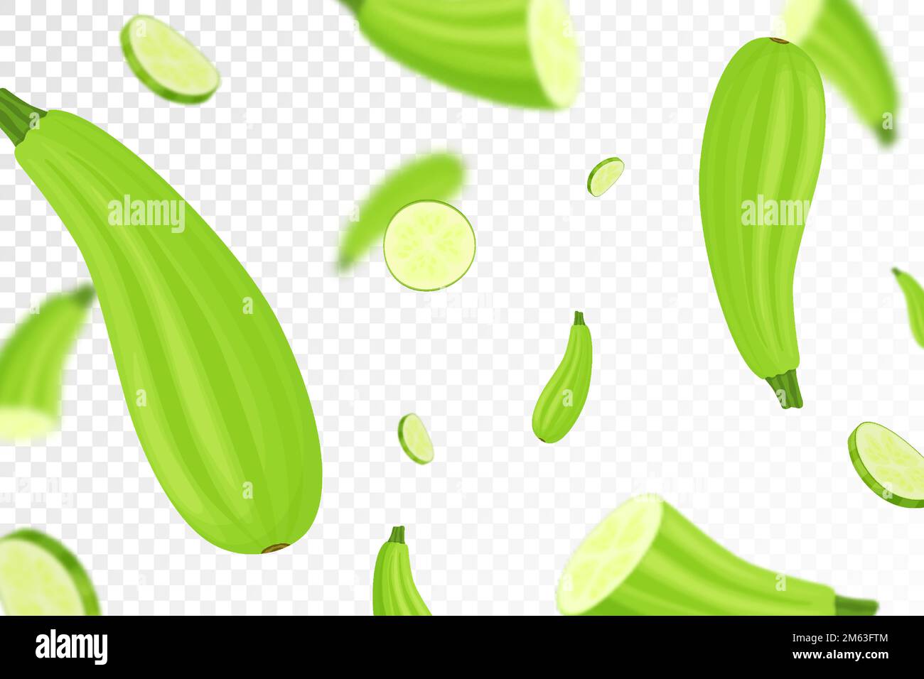 Falling zucchini isolated on transparent background. Flying whole and sliced zucchini vegetable