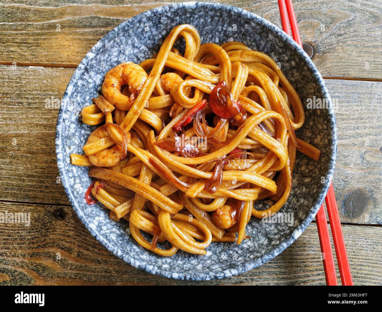Udon with shrimp. Japanese dish. Stock Photo