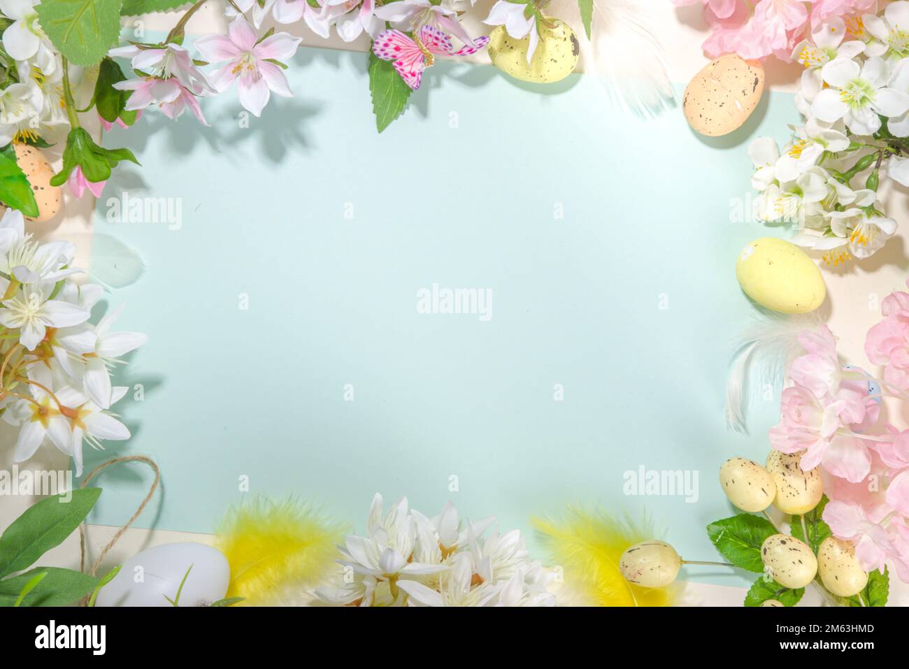 Easter holiday top view flat lay frame background with easter colorful ...