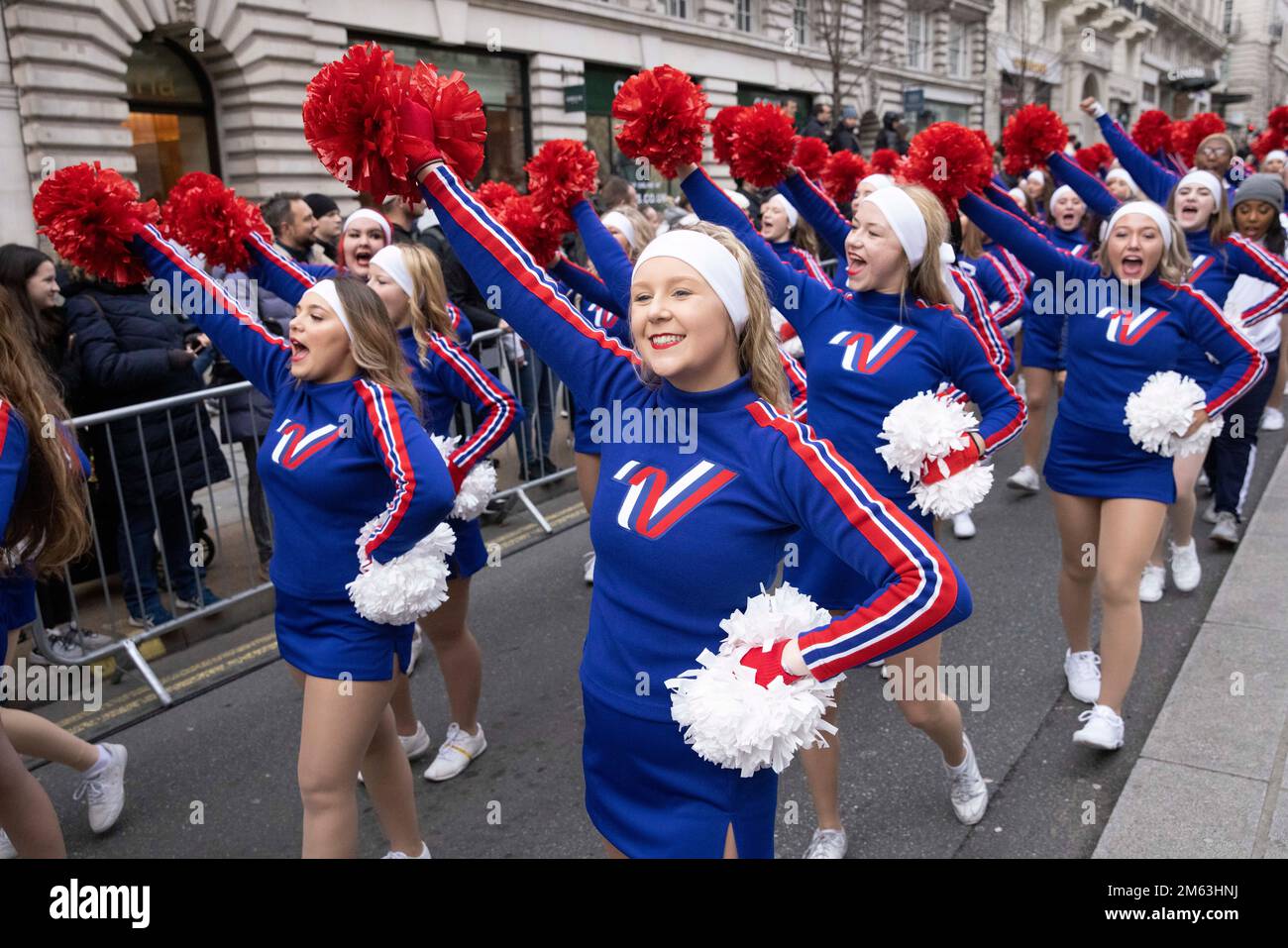 London's New Year’s Day Parade 2023. More than 10,000 dancers, acrobats, musicians and entertainers from around the world taking part in London. Stock Photo