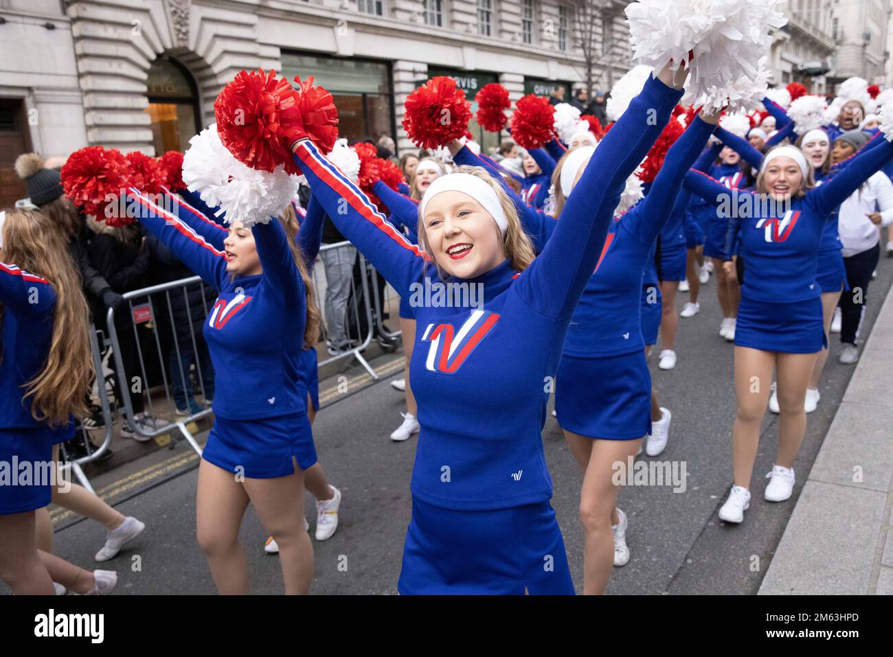 London's New Year’s Day Parade 2023. More than 10,000 dancers, acrobats, musicians and entertainers from around the world taking part in London. Stock Photo