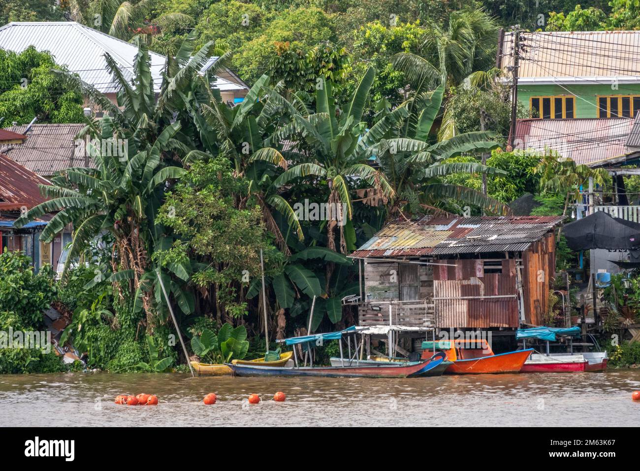 Malay houses by the Sarawak river, Kuching, East Malaysia, Borneo