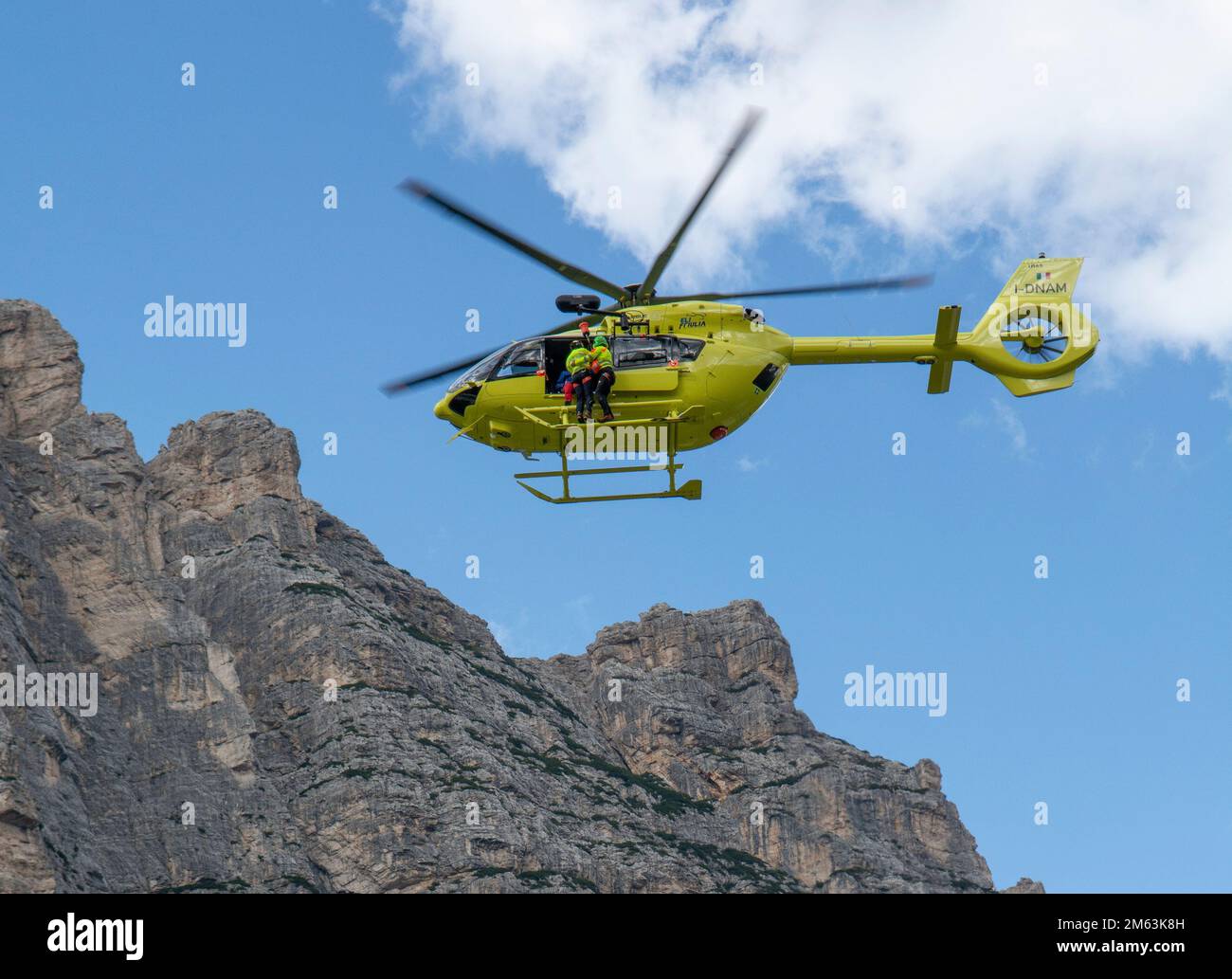 Fiames, Cortina d'Ampezzo, Dolomites, Italy - July, 6,  2022 : Helicopter Rescue Service. Medical first aid helicopter. Dolomites. Alps. Italy. Stock Photo