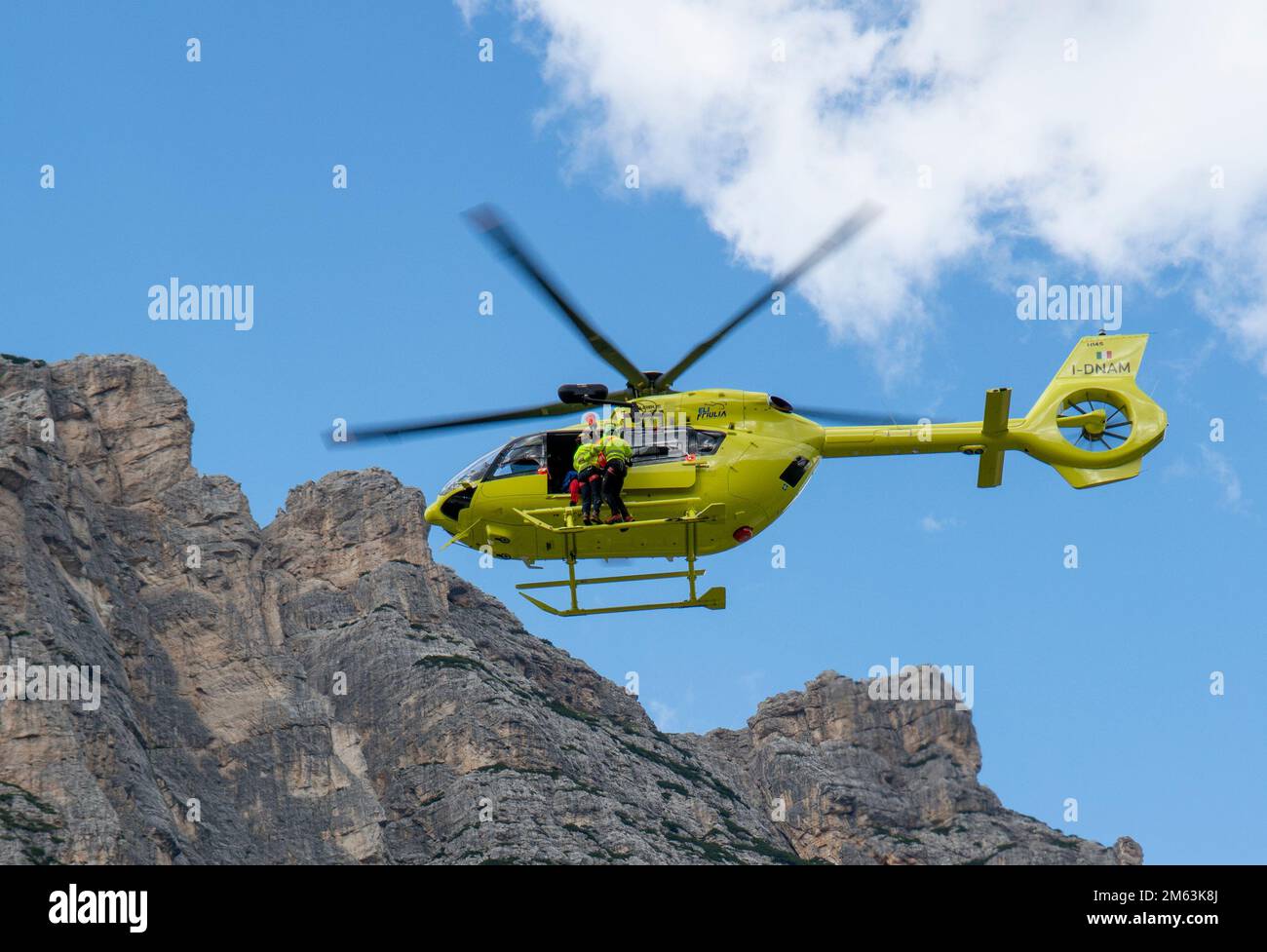 Fiames, Cortina d'Ampezzo, Dolomites, Italy - July, 6,  2022 : Helicopter Rescue Service. Medical first aid helicopter. Dolomites. Alps. Italy. Stock Photo