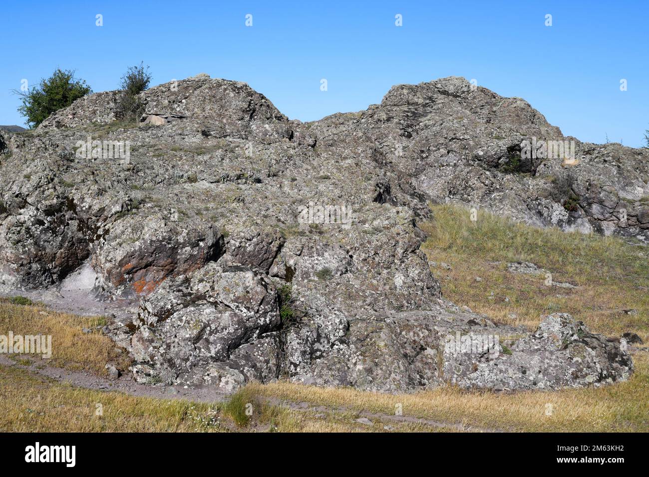Volcanic outcrop of andesita from Permian. Cerros volcanicos de la Miñosa, Guadalajara, castilla-La Mancha, Spain. Stock Photo