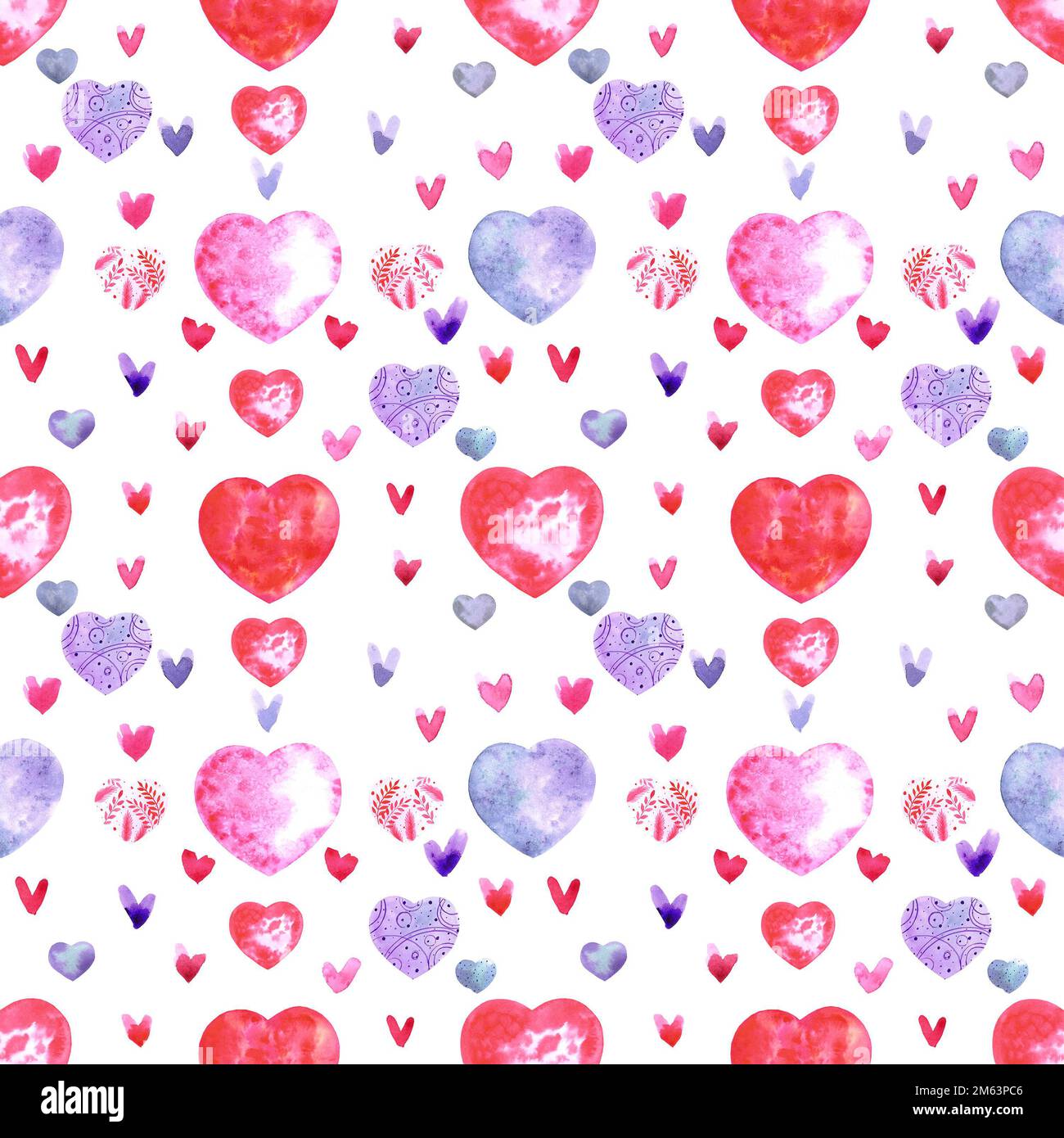 Hand drawn watercolor hearts seamless pattern on the white background ...