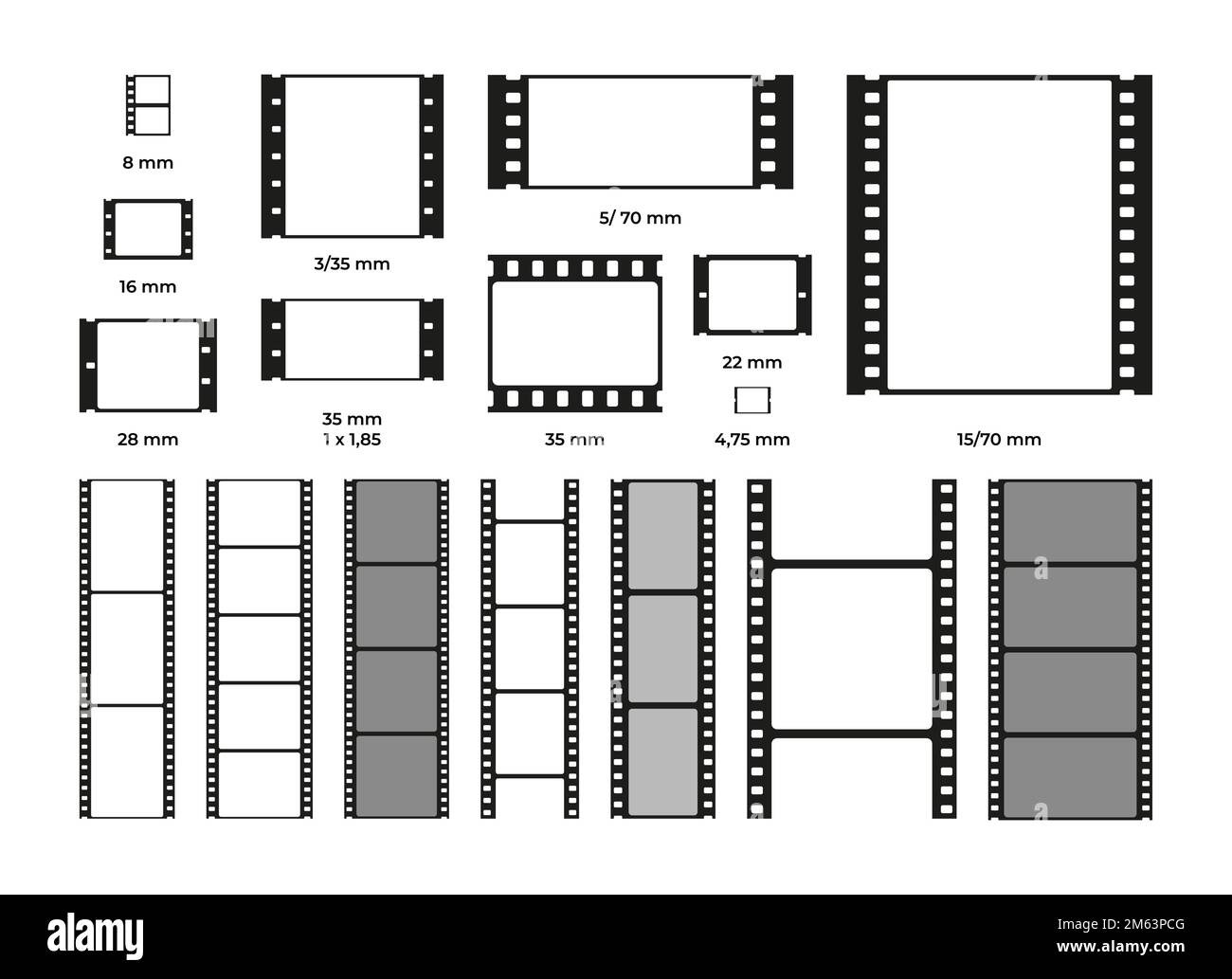 Film frame format. Analog 35mm slide roll, photography cinematography blank negative strip, old retro tape reel. Vector isolated set of frame photo and picture, film photography negative illustration Stock Vector