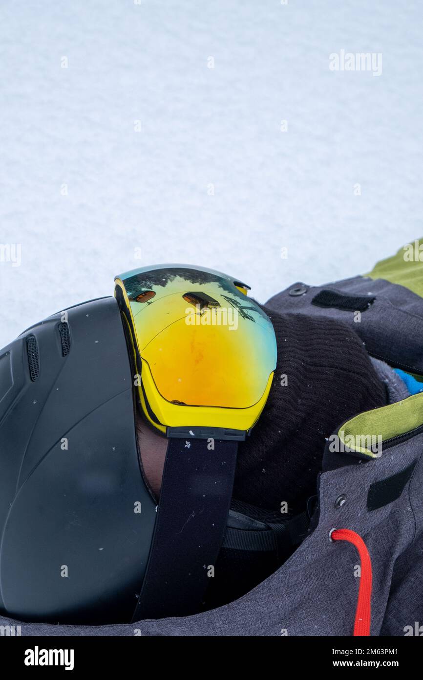 ski lift cabin reflection in snowboarder goggles mask Stock Photo