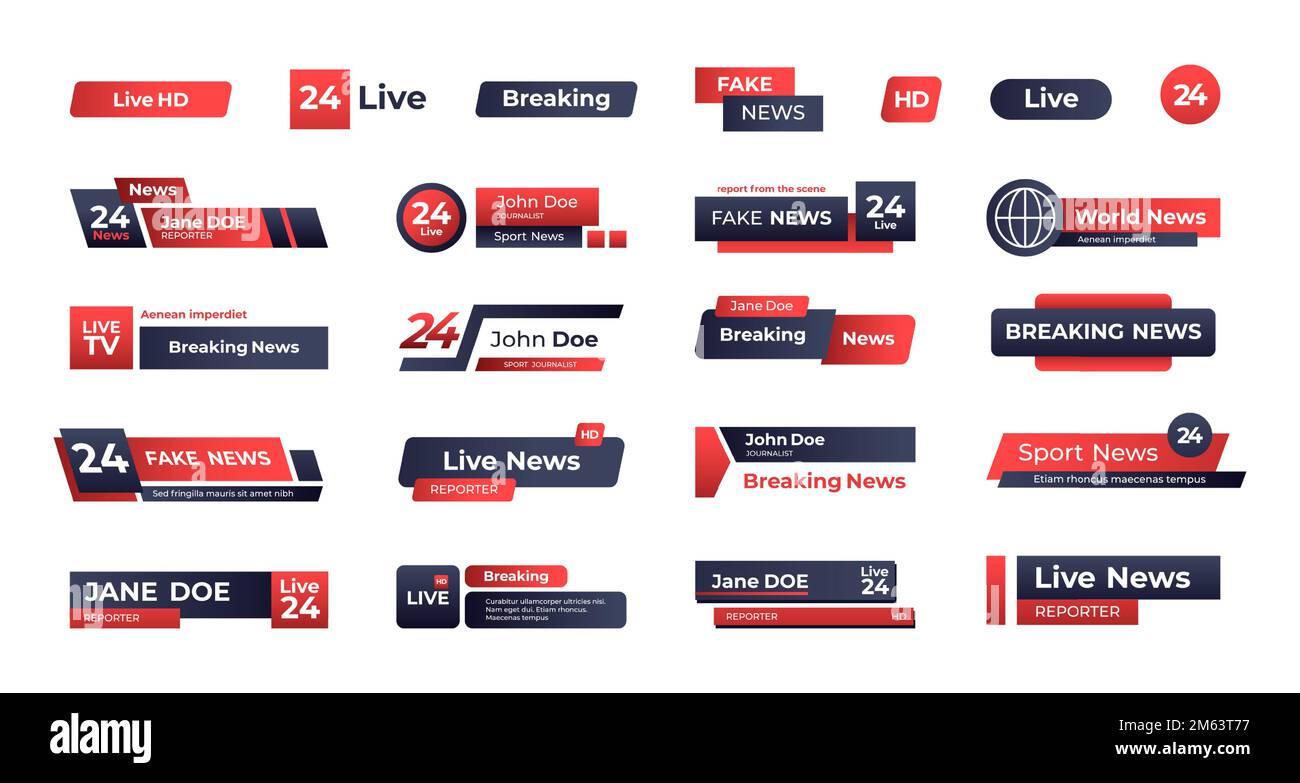 News headline banner. Broadcast tv channel header interface, television lower bar information, streaming live video sticker. Vector isolated set of channel header broadcast, headline news illustration Stock Vector