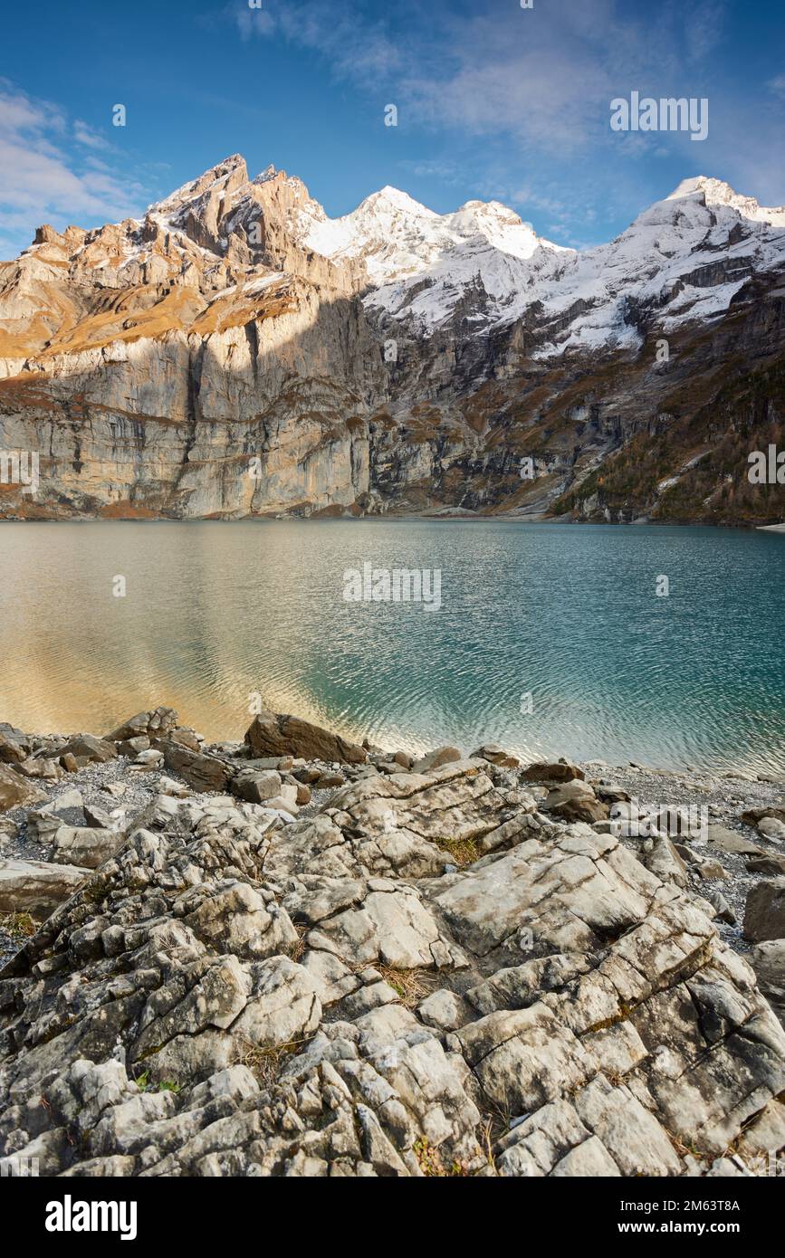 Amazing blue lake with large mountain in Schweiz Stock Photo
