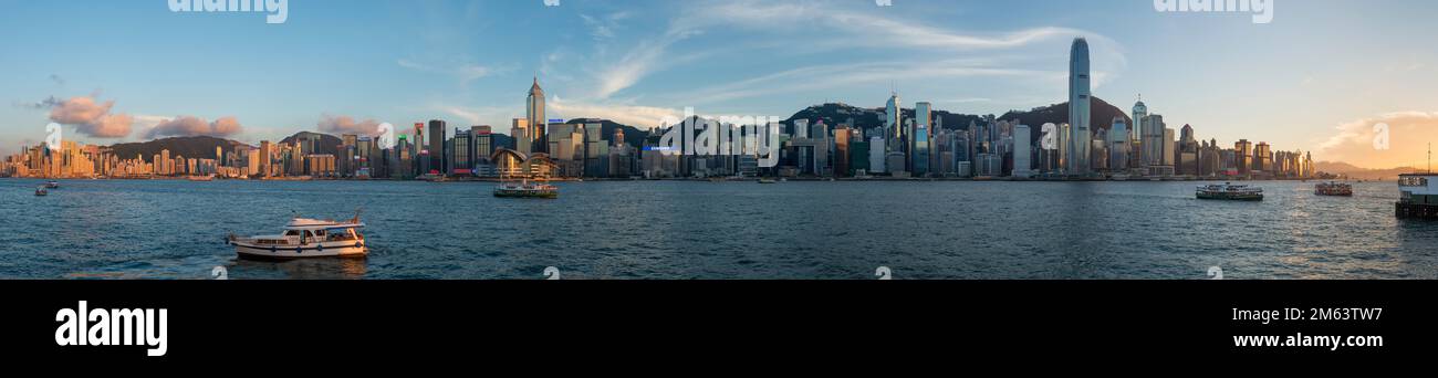 Hi-resolution panorama of the Hong Kong Island city skyline at sunset from Tsim Sha Tsui, Kowloon, 2013 (158Mpx) Stock Photo
