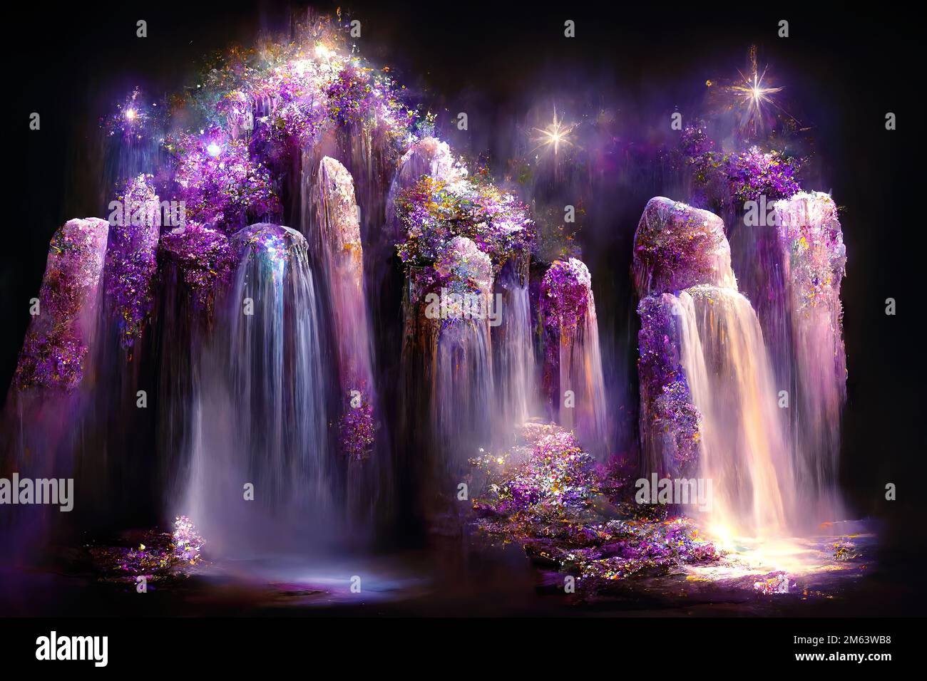 Beautiful mystical landscape with a crystal waterfall and a beautiful purple forest in the