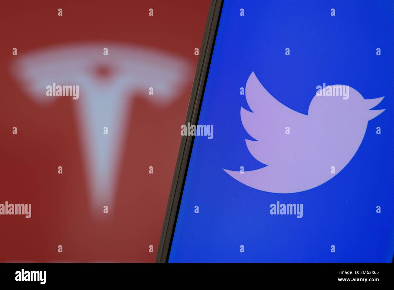 Twitter logo on mobile screen in front of Tesla logo on a backlit screen. Mobile screen is in focus. Stock Photo