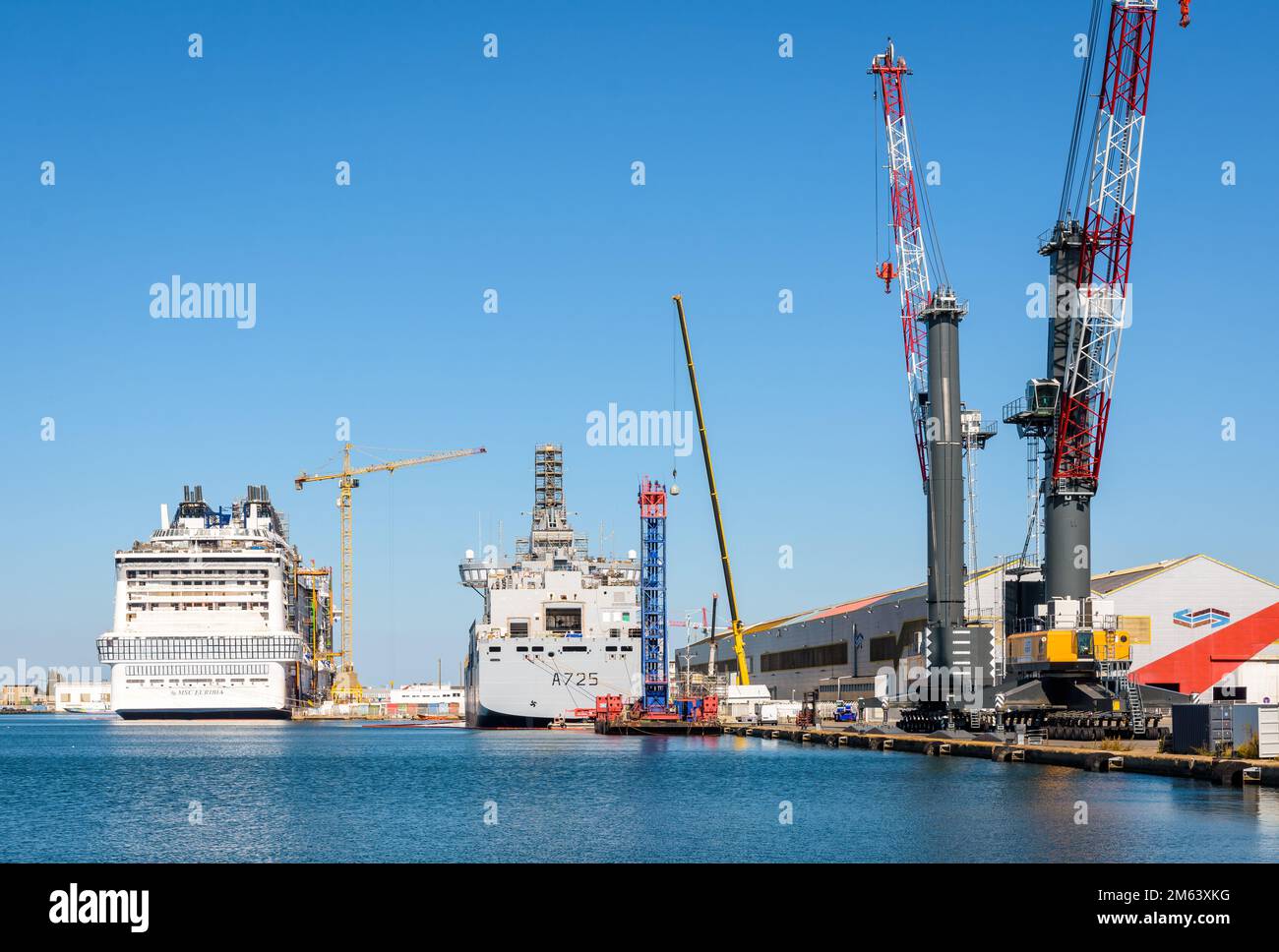 The MSC Euribia cruise ship and the Jacques Chevallier navy ship under ...