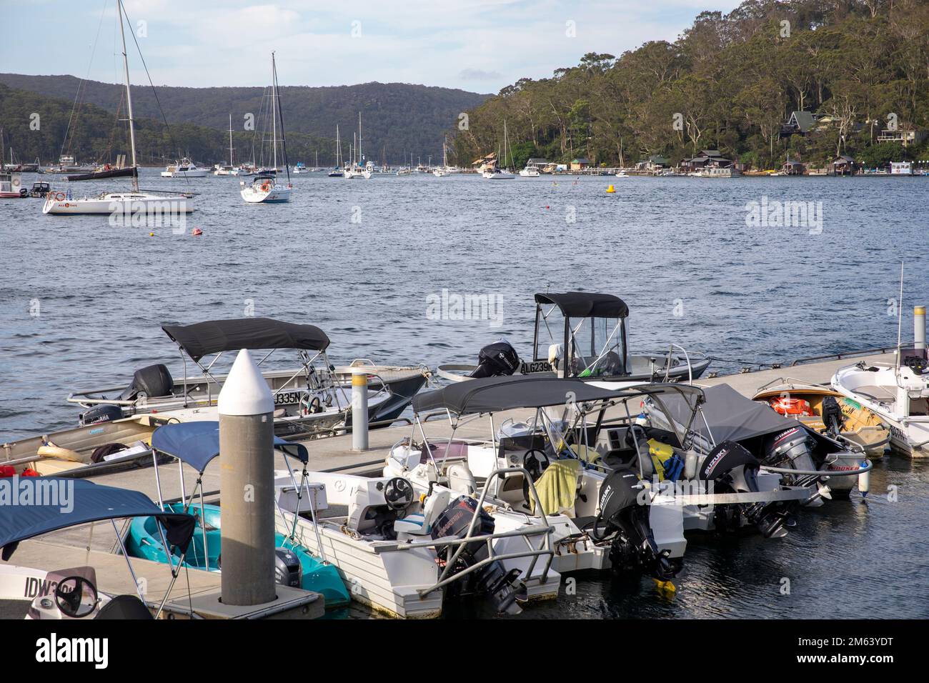 Church Point Sydney, community boat tie up mooring area, used by residents of Scotland Island who frequently travel by boat to Church Point,Sydney,NSW Stock Photo