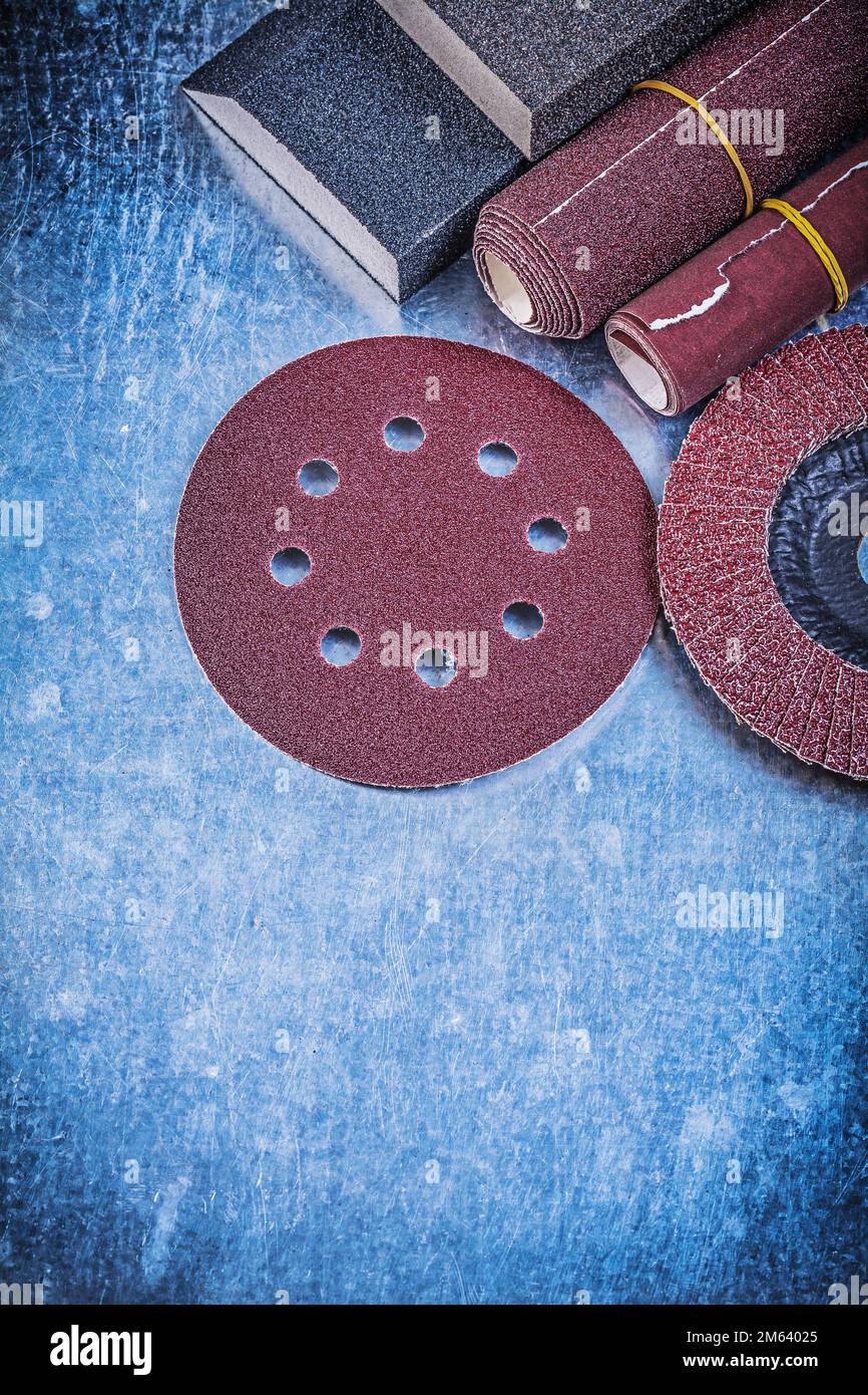 Composition of abrasive materials on metallic background Stock Photo Alamy