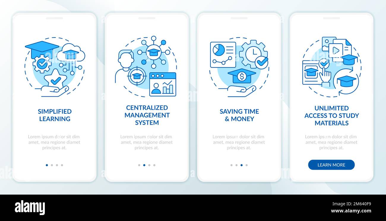 Learning management system benefits blue onboarding mobile app screen ...