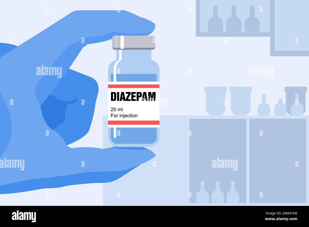 Diazepam generic drug name. It is a benzodiazepine anxiolytic medication, used to treat  anxiety, seizures, alcohol withdrawal syndrome, muscle spasms Stock Vector