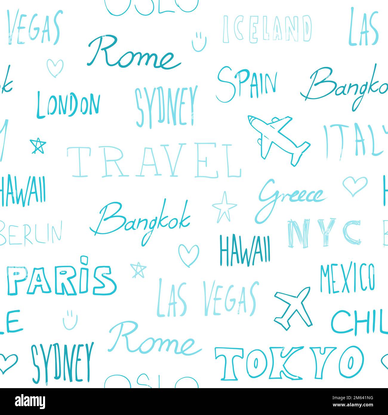 World cities background. Travel destination city names seamless vector