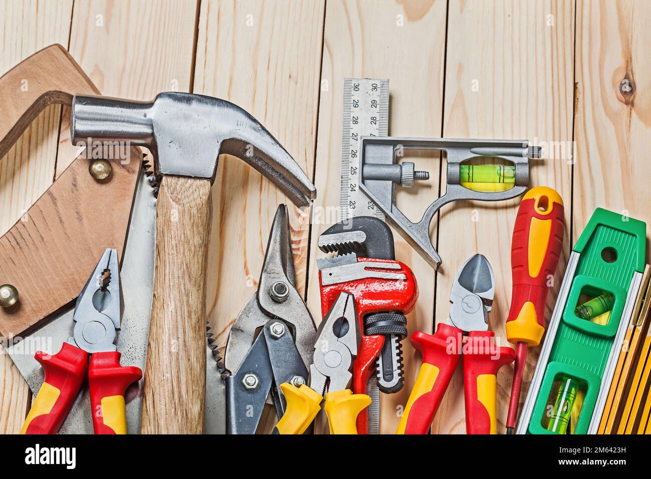 construction tools set on wood boards close up view Stock Photo Alamy