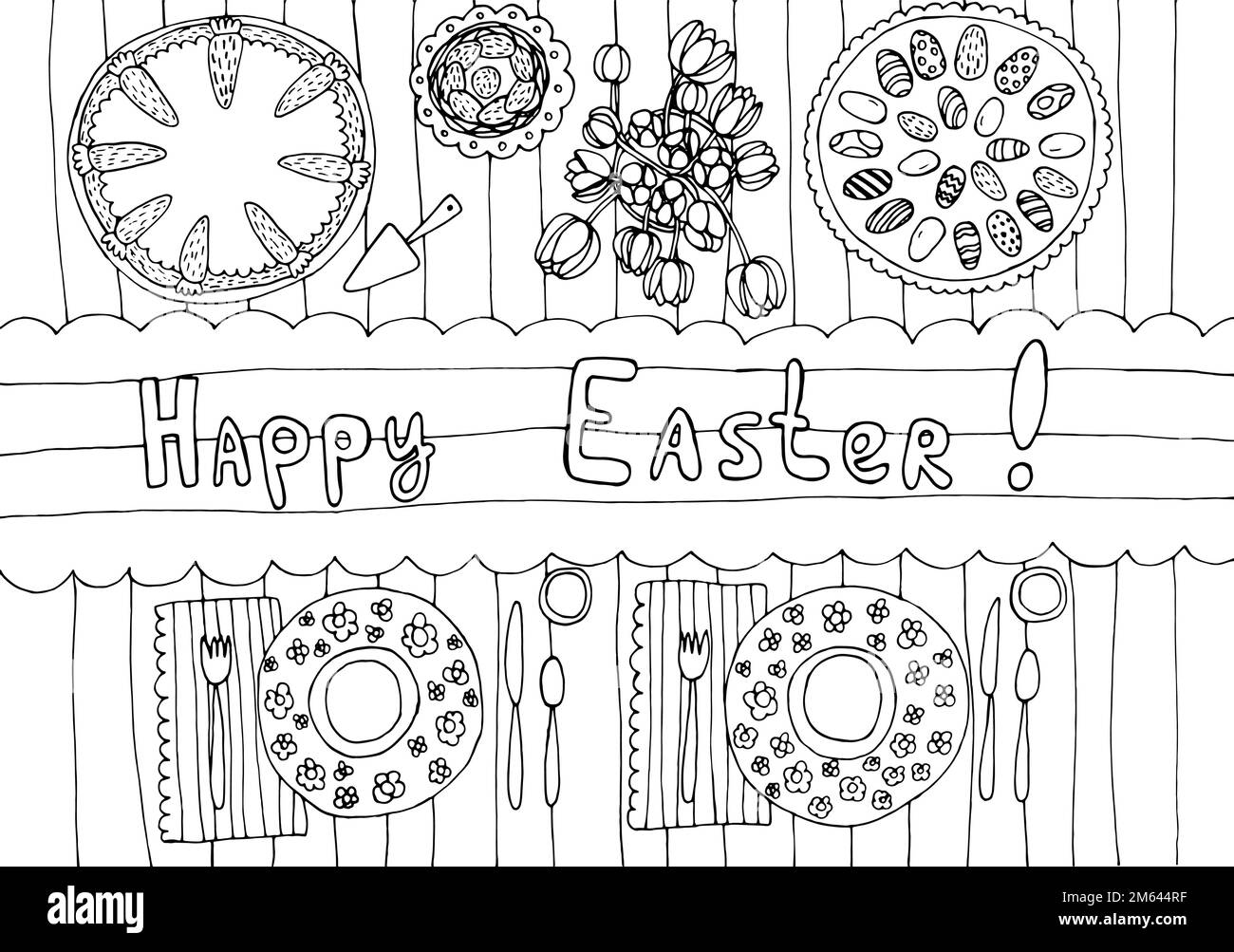 Easter dinner table coloring page Stock Vector