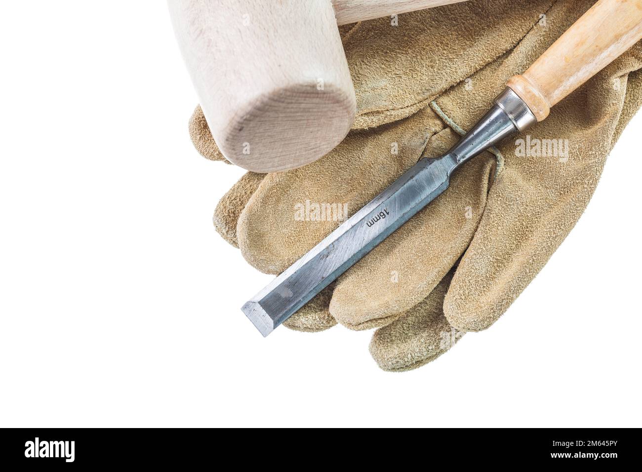 Protective gloves chisel wooden hammer isolated on white. Stock Photo