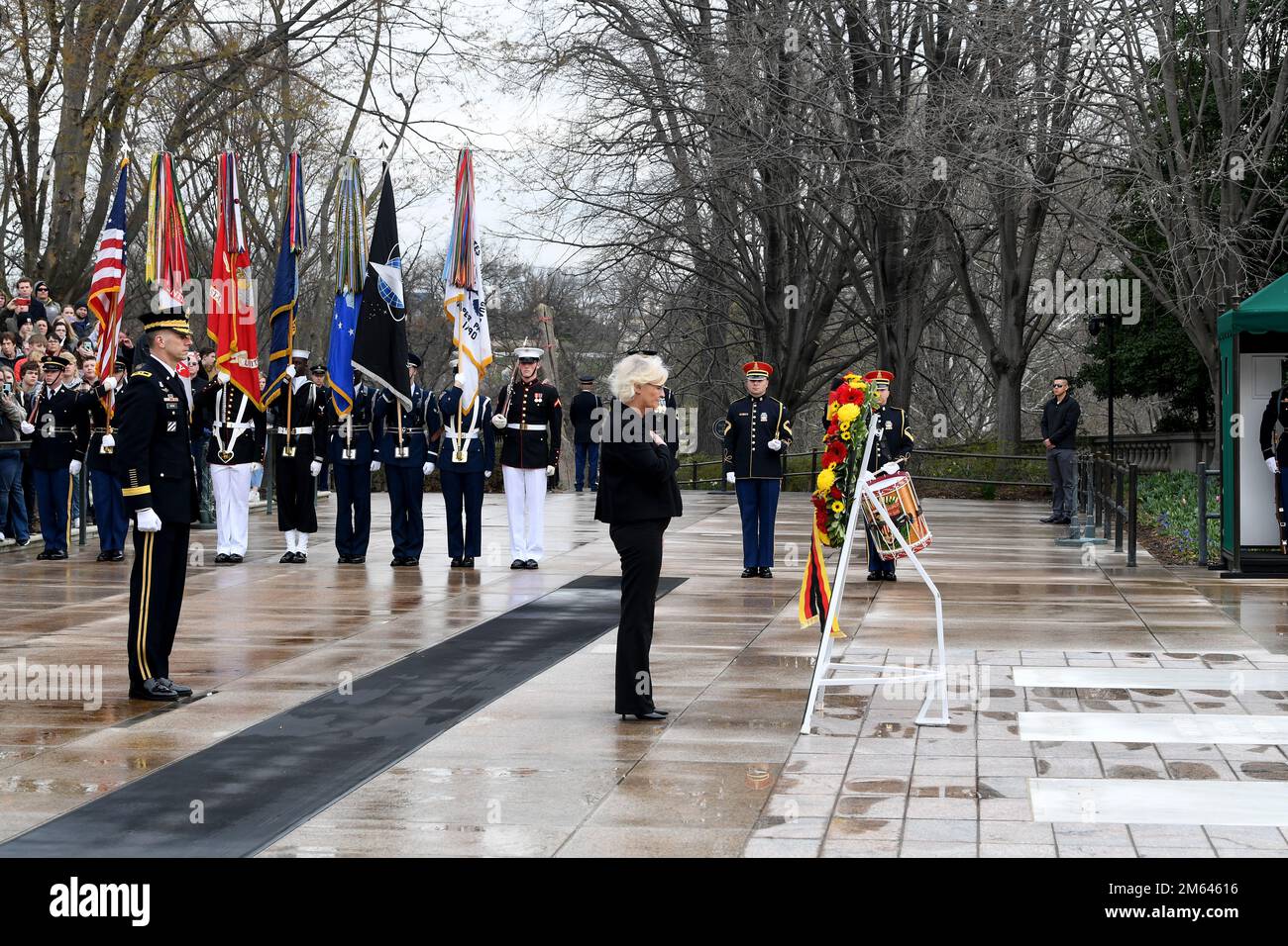 Germany's Federal Minister of Defense, Christine Lambrecht, lays a wreath at the Tomb of the Unknown Soldier at Arlington National Cemetery, Arlington, Va., March 30, 2022. This event was hosted by Maj. Gen. Allan M. Pepin, commanding general, Joint Task Force-National Capital Region/U.S. Army Military District of Washington. Stock Photo