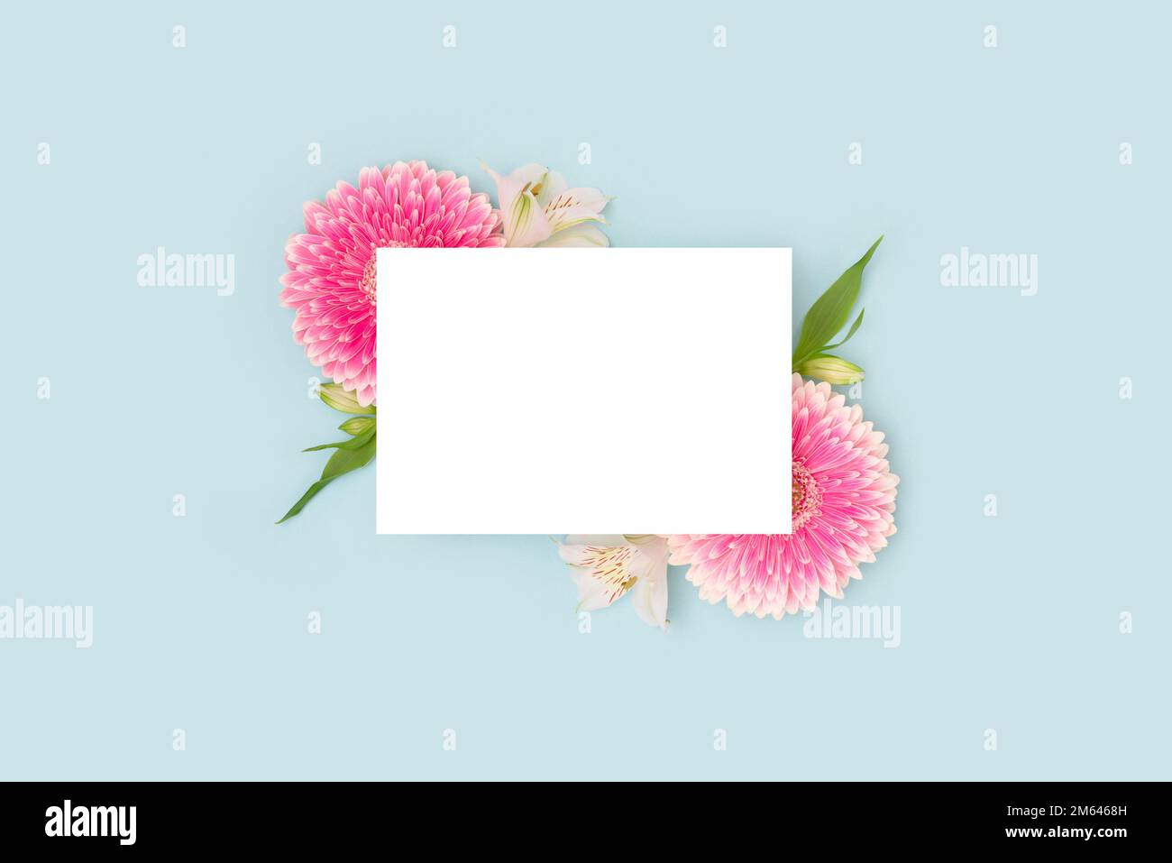 Clean paper mock up. Frame made of green leaves, alstroemeria and pink ...
