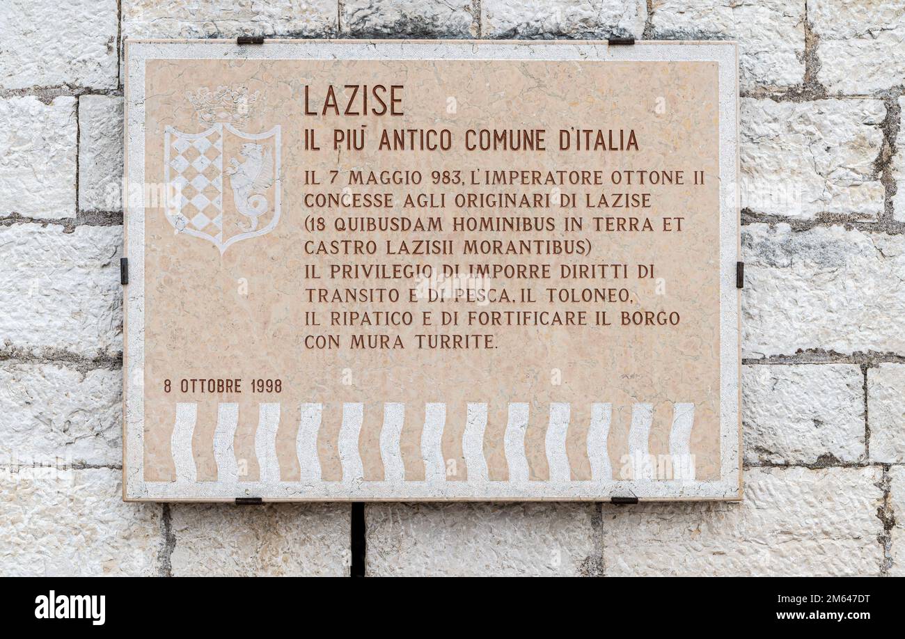 epigraph recalling that Lazise is the first free Italian municipality - Lazise on Garda Lake, Verona province, northern Italy, Europe - january 21, 20 Stock Photo