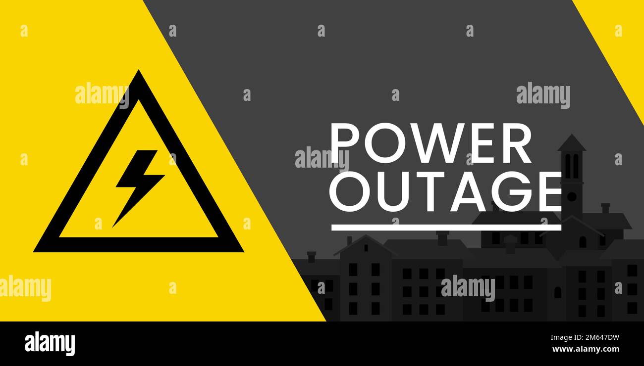 Power outage web banner has a warning sign of high voltage and the town without electricity in the background. Stock Vector
