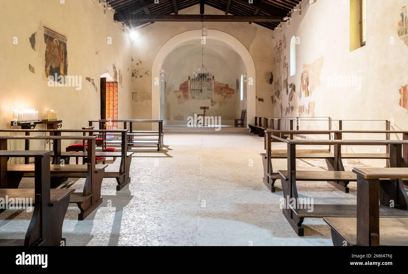 interior of the small San Nicolò church located in the  port of Lazise and dates back to the 12th century - Lazise, Verona Province, northern Italy Stock Photo